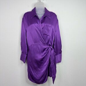 Zara Dress Womens XL Purple Satin Long Sleeve Tie Waist Wrap Minimalist Cocktail